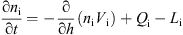 $$ \frac{\mathrm{\partial }{n}_{\mathrm{i}}}{\mathrm{\partial }t}=-\frac{\mathrm{\partial }}{\mathrm{\partial }h}\left({n}_{\mathrm{i}}{V}_{\mathrm{i}}\right)+{Q}_{\mathrm{i}}-{L}_{\mathrm{i}} $$