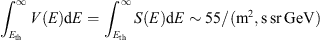 $$ {\int }_{{E}_{\mathrm{th}}}^{\mathrm{\infty }}V(E)\mathrm{d}E={\int }_{{E}_{\mathrm{th}}}^{\mathrm{\infty }}S(E)\mathrm{d}E\sim 55/({\mathrm{m}}^2\mathrm{\enspace }\mathrm{s}\enspace \mathrm{sr}\enspace \mathrm{GeV}). $$