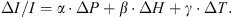 $$ \Delta I/I=\alpha \cdot \Delta P+\beta \cdot \Delta H+\gamma \cdot \Delta T. $$