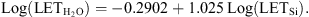 $$ \mathrm{Log}\left({\mathrm{LET}}_{{\mathrm{H}}_2\mathrm{O}}\right)=-0.2902+1.025\enspace \mathrm{Log}\left({\mathrm{LET}}_{\mathrm{Si}}\right). $$