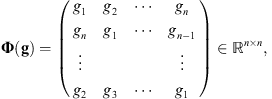 $$ \mathbf{\Phi }(\mathbf{g})=\left(\begin{array}{llll}{g}_1& {g}_2& \cdots & {g}_n\\ {g}_n& {g}_1& \cdots & {g}_{n-1}\\ \vdots & & & \vdots \\ {g}_2& {g}_3& \cdots & {g}_1\end{array}\right)\in {\mathbb{R}}^{n\times n}, $$