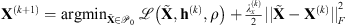 $ {\mathbf{X}}^{(k+1)}={\mathrm{argmin}}_{\stackrel{\tilde }{\mathbf{X}}\in {\mathcal{P}}_0}\enspace \mathcal{L}\left(\stackrel{\tilde }{\mathbf{X}},{\mathbf{h}}^{(k)},\rho \right)+\frac{{\lambda }_x^{(k)}}{2}{||\stackrel{\tilde }{\mathbf{X}}-{\mathbf{X}}^{(k)}||}_F^2$