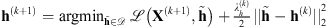 $ {\mathbf{h}}^{(k+1)}={\mathrm{argmin}}_{\stackrel{\tilde }{\mathbf{h}}\in \mathcal{D}}\enspace \mathcal{L}\left({\mathbf{X}}^{(k+1)},\stackrel{\tilde }{\mathbf{h}}\right)+\frac{{\lambda }_h^{(k)}}{2}{||\stackrel{\tilde }{\mathbf{h}}-{\mathbf{h}}^{(k)}||}_2^2$