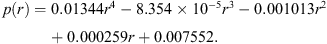 $$ p(r)=0.01344{r}^4-8.354\times 1{0}^{-5}{r}^3-0.001013{r}^2+0.000259r+0.007552. $$