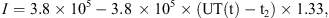 $$ I=3.8\times {10}^5-3.8\enspace \times {10}^5\times (\mathrm{UT}\left(\mathrm{t}\right)-{\mathrm{t}}_2)\times 1.33, $$