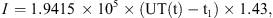 $$ I=1.9415\enspace \times {10}^5\times (\mathrm{UT}\left(\mathrm{t}\right)-{\mathrm{t}}_1)\times 1.43, $$