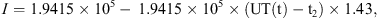 $$ I=1.9415\times {10}^5-\enspace 1.9415\times {10}^5\times (\mathrm{UT}\left(\mathrm{t}\right)-{\mathrm{t}}_2)\times 1.43, $$