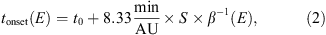 $$ {t}_{\mathrm{onset}}(E)={t}_0+8.33\frac{\mathrm{min}}{\mathrm{AU}}\times S\times {\beta }^{-1}(E), $$