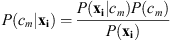 $$ P({c}_m|{\mathbf{x}}_{\mathbf{i}})=\frac{P({\mathbf{x}}_{\mathbf{i}}|{c}_m)P({c}_m)}{P({\mathbf{x}}_{\mathbf{i}})} $$