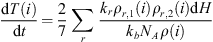 $$ \frac{\mathrm{d}T(i)}{\mathrm{d}t}=\frac{2}{7}\sum_r\frac{{k}_r{\rho }_{r,1}(i){\rho }_{r,2}(i)\mathrm{d}H}{{k}_b{N}_A\rho (i)} $$