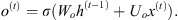 $$ {o}^{(t)}=\sigma ({W}_o{h}^{(t-1)}+{U}_o{x}^{(t)}). $$