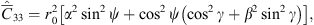 $$ {\widehat{\bar{C}}}_{33}={r}_0^2\left[{\alpha }^2{\mathrm{sin}}^2\psi +{\mathrm{cos}}^2\psi \left({\mathrm{cos}}^2\gamma +{\beta }^2{\mathrm{sin}}^2\gamma \right)\right], $$