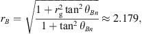 $$ {r}_B=\sqrt{\frac{1+{r}_{\mathrm{g}}^2{\mathrm{tan}}^2{\theta }_{{Bn}}}{1+{\mathrm{tan}}^2{\theta }_{{Bn}}}}\approx 2.179, $$