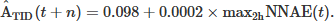 $$ {\hat{\mathrm{A}}}_{\mathrm{TID}}(t+n)=0.098+0.0002\times \mathrm{ma}{\mathrm{x}}_{2\mathrm{h}}\mathrm{NNAE}(t). $$