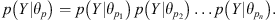$$ p(Y|{\theta }_p)=p(Y|{\theta }_{{p}_1})p(Y|{\theta }_{{p}_2})\dots p(Y|{\theta }_{{p}_n}). $$