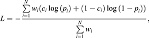 $$ L=-\frac{\sum_{i=1}^N{w}_i\left({c}_i\mathrm{log}\left({p}_i\right)+\left({1-c}_i\right)\mathrm{log}\left(1-{p}_i\right)\right)}{\sum_{i=1}^N{w}_i}, $$