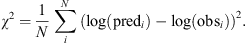 $$ {\chi }^2=\frac{1}{N}\sum_i^N {\left(\mathrm{log}(\mathrm{pre}{\mathrm{d}}_i)-\mathrm{log}(\mathrm{ob}{\mathrm{s}}_i)\right)}^2. $$