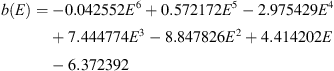 $$ b(E)=-0.042552{E}^6+0.572172{E}^5-2.975429{E}^4+7.444774{E}^3-8.847826{E}^2+4.414202E-6.372392 $$