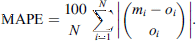 $$ \mathrm{MAPE}=\frac{100}{N}\sum_{i=1}^N \left|\left(\frac{{m}_i-{o}_i}{{o}_i}\right)\right|. $$