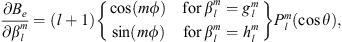 $$ \frac{\partial {B}_e}{\partial {\beta }_l^m}=(l+1)\left\{\begin{array}{cc}\mathrm{cos}({m\phi })& \mathrm{for}\enspace {\beta }_l^m={g}_l^m\\ \mathrm{sin}({m\phi })& \mathrm{for}\enspace {\beta }_l^m={h}_l^m\end{array}\right\}{P}_l^m(\mathrm{cos}\theta ), $$