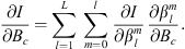 $$ \frac{{\partial I}}{\partial {B}_c}=\sum_{l=1}^L \sum_{m=0}^l \frac{{\partial I}}{\partial {\beta }_l^m}\frac{\partial {\beta }_l^m}{\partial {B}_c}. $$