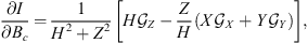 $$ \frac{{\partial I}}{\partial {B}_c}=\frac{1}{{H}^2+{Z}^2}\left[H{\mathcal{G}}_Z-\frac{Z}{H}(X{\mathcal{G}}_X+Y{\mathcal{G}}_Y)\right], $$