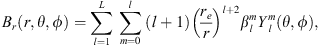 $$ {B}_r(r,\theta,\phi )=\sum_{l=1}^L \sum_{m=0}^l (l+1){\left(\frac{{r}_e}{r}\right)}^{l+2}{\beta }_l^m{Y}_l^m(\theta,\phi ), $$