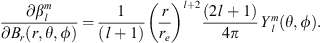 $$ \frac{\partial {\beta }_l^m}{\partial {B}_r(r,\theta,\phi )}=\frac{1}{(l+1)}{\left(\frac{r}{{r}_e}\right)}^{l+2}\frac{(2l+1)}{4\pi }{Y}_l^m(\theta,\phi ). $$
