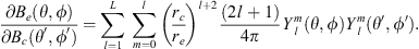 $$ \frac{\partial {B}_e(\theta,\phi )}{\partial {B}_c(\theta \prime,\phi \prime)}=\sum_{l=1}^L \sum_{m=0}^l {\left(\frac{{r}_c}{{r}_e}\right)}^{l+2}\frac{(2l+1)}{4\pi }{Y}_l^m(\theta,\phi ){Y}_l^m(\theta \prime,\phi \prime). $$