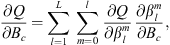 $$ \frac{{\partial Q}}{\partial {B}_c}=\sum_{l=1}^L \sum_{m=0}^l \frac{{\partial Q}}{\partial {\beta }_l^m}\frac{\partial {\beta }_l^m}{\partial {B}_c}, $$