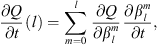 $$ \frac{{\partial Q}}{{\partial t}}(l)=\sum_{m=0}^l \frac{{\partial Q}}{\partial {\beta }_l^m}\frac{\partial {\beta }_l^m}{{\partial t}}, $$