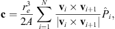 $$ \mathbf{c}=\frac{{r}_e^3}{2A}\sum_{i=1}^N \frac{{\mathbf{v}}_i\times {\mathbf{v}}_{i+1}}{\left|{\mathbf{v}}_i\times {\mathbf{v}}_{i+1}\right|}{\widehat{P}}_i, $$