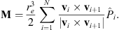 $$ \mathbf{M}=\frac{{r}_e^3}{2}\sum_{i=1}^N \frac{{\mathbf{v}}_i\times {\mathbf{v}}_{i+1}}{|{\mathbf{v}}_i\times {\mathbf{v}}_{i+1}|}{\widehat{P}}_i. $$