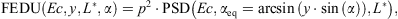 $$ \mathrm{FEDU}\left({Ec},y,{L}^{\mathrm{*}},\alpha \right)={p}^2\cdot \mathrm{PSD}\left({Ec},{\alpha }_{\mathrm{eq}}=\mathrm{arcsin}\left(y\cdot \mathrm{sin}\left(\alpha \right)\right),{L}^{\mathrm{*}}\right), $$