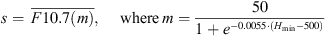Mathematical equation: $$ s=\enspace \overline{F10.7(m)},\enspace \hspace{1em}\mathrm{where}\enspace m=\frac{50}{1+{e}^{-0.0055\bullet \left({H}_{\mathrm{min}}-500\right)}} $$