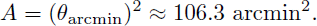 Mathematical equation: $$ \begin{aligned} A = (\theta _{\text{ arcmin}})^2 \approx 106.3~\text{ arcmin}^2. \end{aligned} $$