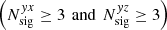 Mathematical equation: $ \left({N}_{\mathrm{sig}}^{{yx}}\ge 3\enspace \mathrm{and}\enspace {N}_{\mathrm{sig}}^{{yz}}\ge 3\right)$