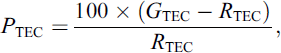 Mathematical equation: $$ {P}_{\textrm{TEC}}=\frac{100\times \left({G}_{\textrm{TEC}}-{R}_{\textrm{TEC}}\right)}{R_{\textrm{TEC}}}, $$
