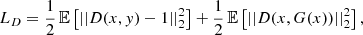 Mathematical equation: $$ \begin{aligned}&L_D = \frac{1}{2} \, \mathbb{E} \left[||D(x, y) - 1 ||_2^2\right] + \frac{1}{2} \, \mathbb{E} \left[||D(x, G(x)) ||_2^2\right], \end{aligned} $$