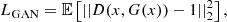 Mathematical equation: $$ \begin{aligned}&L_{\mathrm{GAN} } = \mathbb{E} \left[||D(x, G(x)) - 1 ||_2^2\right], \end{aligned} $$