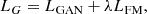 Mathematical equation: $$ \begin{aligned} L_G = L_{\mathrm{GAN} } + \lambda L_{\mathrm{FM} }, \end{aligned} $$