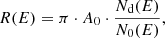Mathematical equation: $$ R(E)=\pi \cdot {A}_0\cdot \frac{{N}_{\mathrm{d}}(E)}{{N}_0(E)}, $$