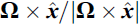 Mathematical equation: $$ \boldsymbol{\Omega} \times \hat{\boldsymbol{x}}/\left|\boldsymbol{\Omega} \times \hat{\boldsymbol{x}}\right| $$