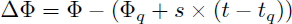 Mathematical equation: $$ \begin{aligned} \mathrm \Delta \Phi = \mathrm \Phi - \left(\mathrm \Phi _q + s \times (t - t_q)\right) \end{aligned} $$