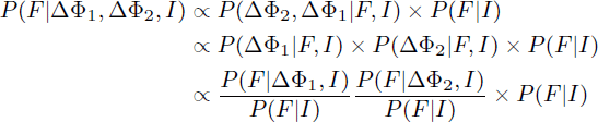 Mathematical equation: $$ \begin{aligned} P(F|\mathrm \Delta \Phi _1, \mathrm \Delta \Phi _2, I)&\propto P(\mathrm \Delta \Phi _2, \mathrm \Delta \Phi _1 | F, I) \times P(F | I) \nonumber \\&\propto P(\mathrm \Delta \Phi _1 | F, I) \times P(\mathrm \Delta \Phi _2 | F, I) \times P(F | I) \nonumber \\&\propto \frac{P(F |\mathrm \Delta \Phi _1, I)}{P(F | I)} \frac{P(F |\mathrm \Delta \Phi _2, I)}{P(F | I)} \times P(F | I) \end{aligned} $$