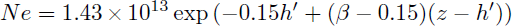 Mathematical equation: $$ \begin{aligned} {Ne} = 1.43\times 10^{13} \exp \left(-0.15 h^{\prime } + (\beta - 0.15)(z - h^{\prime })\right) \end{aligned} $$