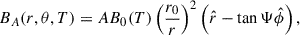 Mathematical equation: $$ \begin{aligned} B_{A}(r, \theta , T) = A B_0(T) \left( \frac{r_0}{r} \right)^2 \left( \hat{r} - \tan \Psi \hat{\phi } \right), \end{aligned} $$