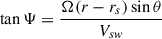 Mathematical equation: $$ \begin{aligned} \tan \Psi = \frac{\Omega (r - r_s) \sin \theta }{V_{sw}} \end{aligned} $$