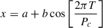 Mathematical equation: $$ \begin{aligned} x=a+b\cos \left[\frac{2\pi T}{P_{c}}\right] \end{aligned} $$