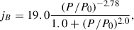 Mathematical equation: $$ \begin{aligned} j_{B} = 19.0 \frac{(P/P_0)^{-2.78}}{1.0 + (P/P_0)^{2.0}}, \end{aligned} $$